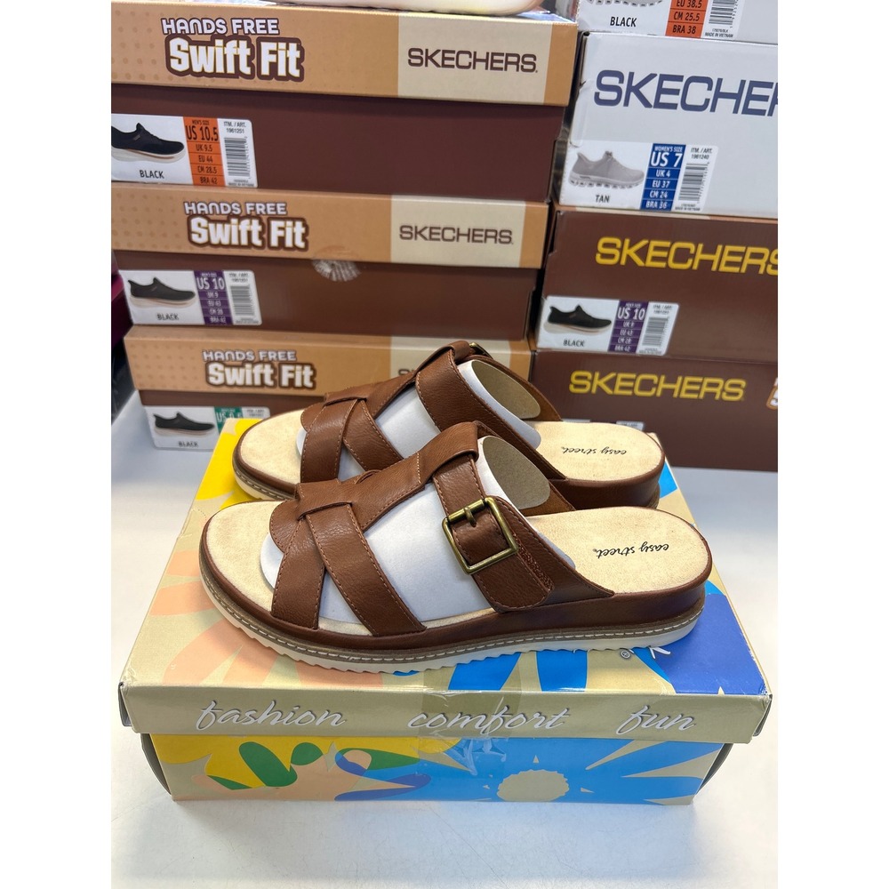 Easy Street Joby Sandals Women 9.5W Tan Strappy Buckle Slide Comfort Shoes 0643